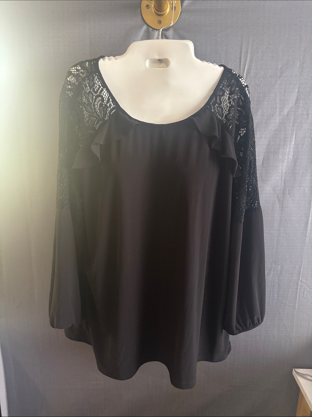 Anne Klein Black Lace-Shoulder Ruffle Blouse